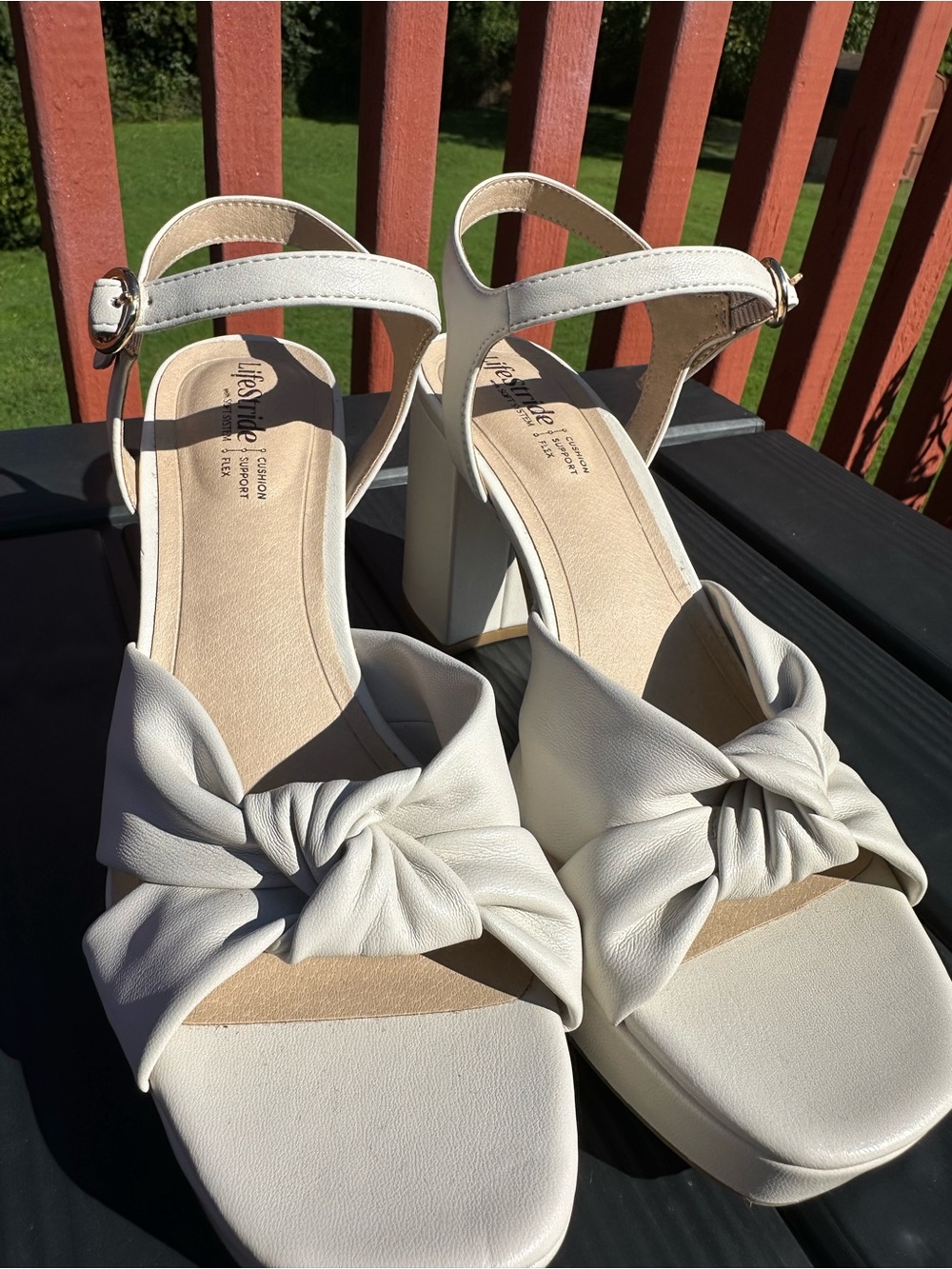 Life Stride Cream Knot-Front Block Heel Sandals